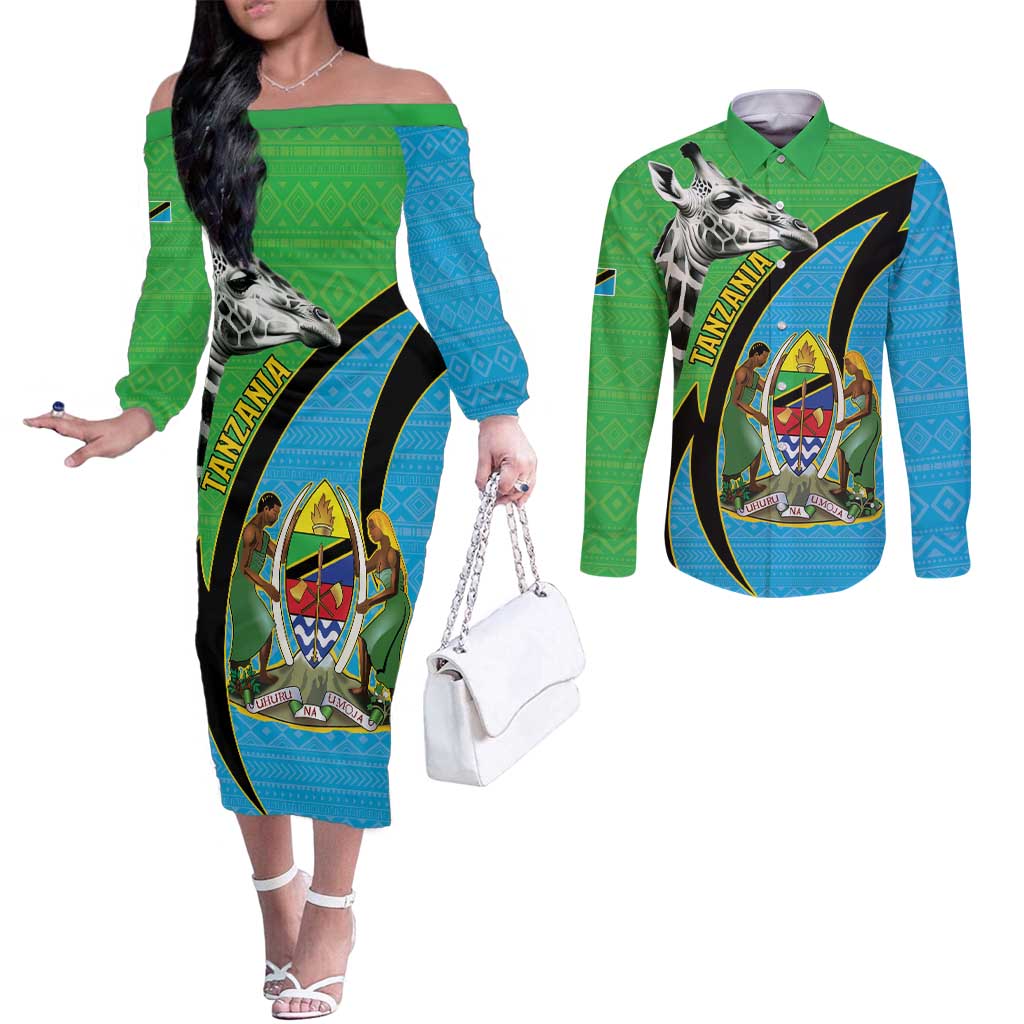 Tanzania Giraffe Couples Matching Off The Shoulder Long Sleeve Dress and Long Sleeve Button Shirt Coat Of Arms African Pattern