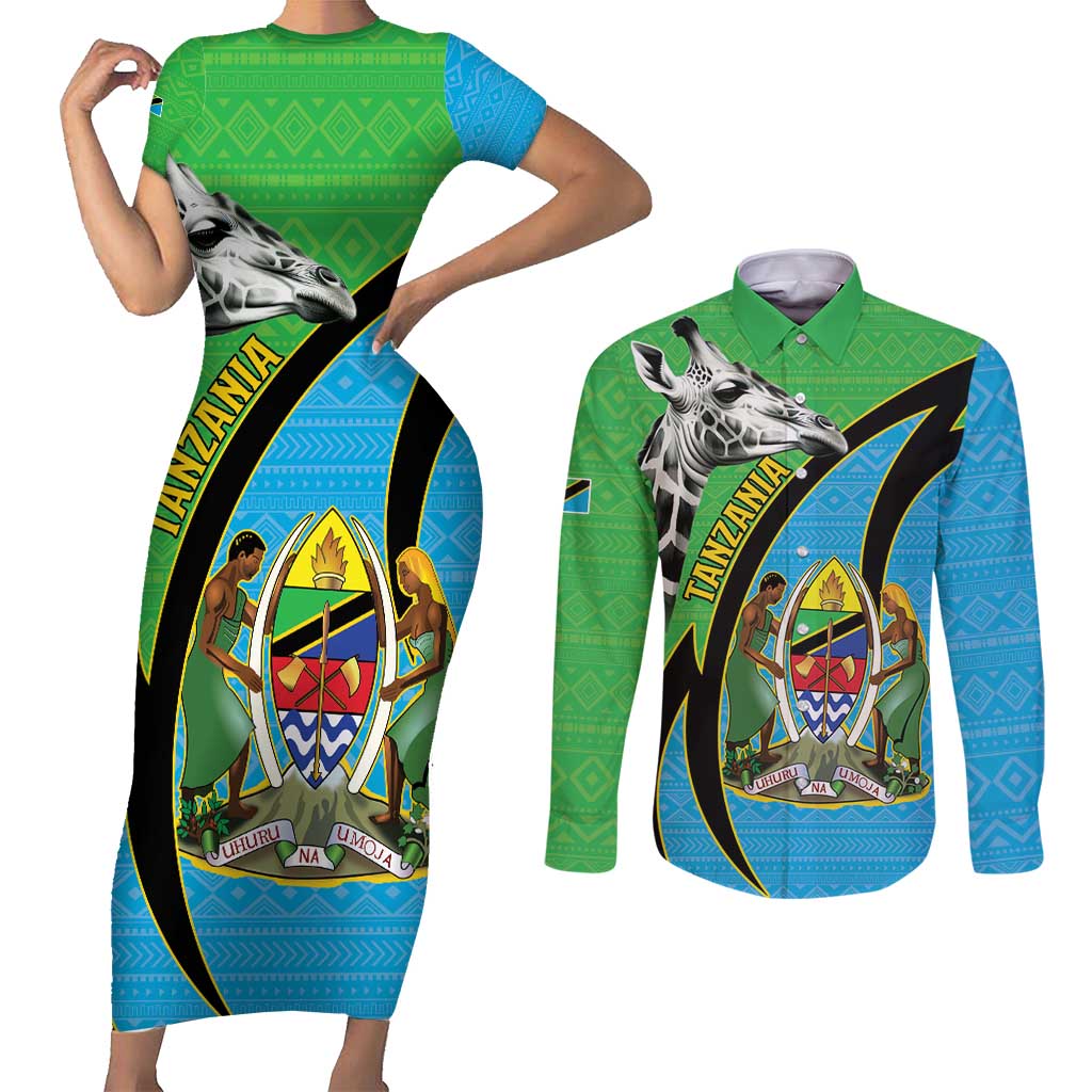 Tanzania Giraffe Couples Matching Short Sleeve Bodycon Dress and Long Sleeve Button Shirt Coat Of Arms African Pattern