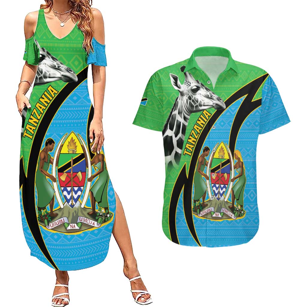 Tanzania Giraffe Couples Matching Summer Maxi Dress and Hawaiian Shirt Coat Of Arms African Pattern