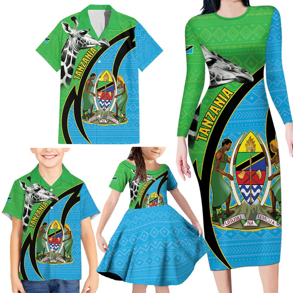 Tanzania Giraffe Family Matching Long Sleeve Bodycon Dress and Hawaiian Shirt Coat Of Arms African Pattern