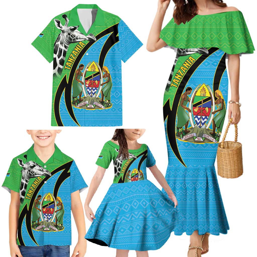 Tanzania Giraffe Family Matching Mermaid Dress and Hawaiian Shirt Coat Of Arms African Pattern