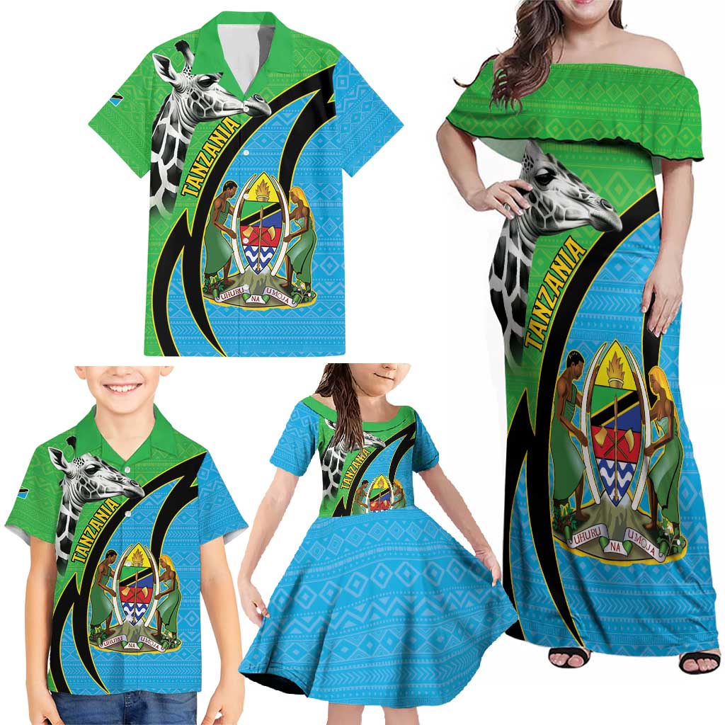 Tanzania Giraffe Family Matching Off Shoulder Maxi Dress and Hawaiian Shirt Coat Of Arms African Pattern