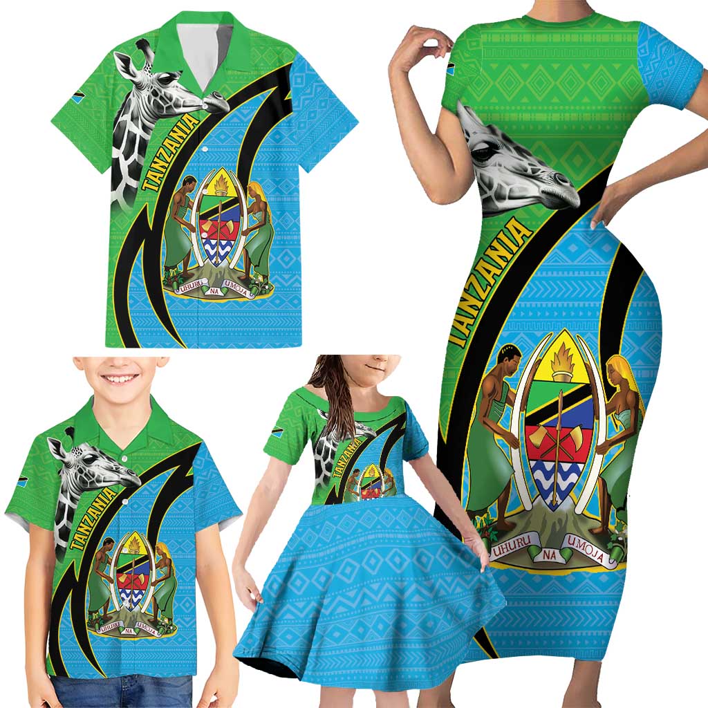 Tanzania Giraffe Family Matching Short Sleeve Bodycon Dress and Hawaiian Shirt Coat Of Arms African Pattern