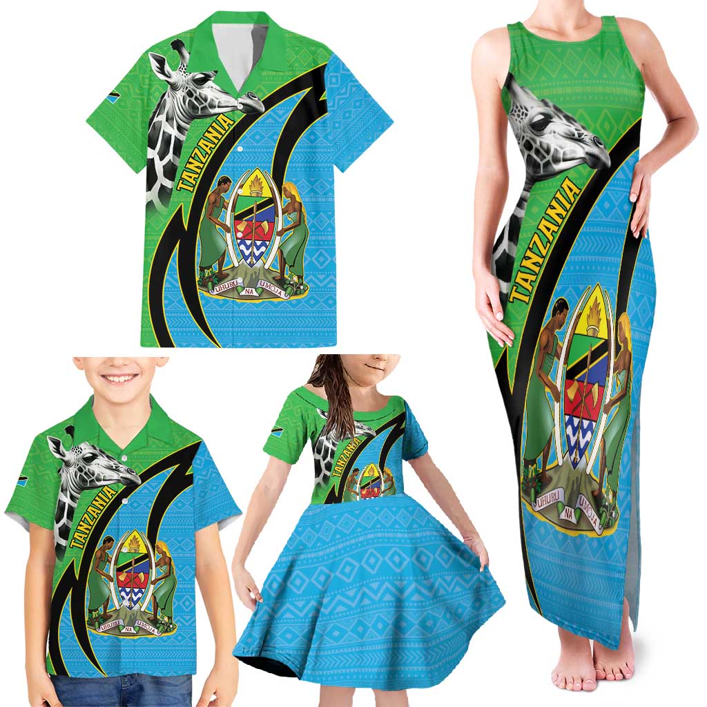 Tanzania Giraffe Family Matching Tank Maxi Dress and Hawaiian Shirt Coat Of Arms African Pattern