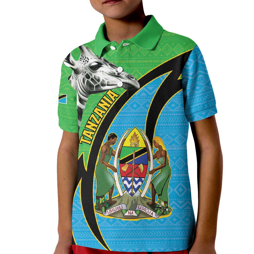 Tanzania Giraffe Kid Polo Shirt Coat Of Arms African Pattern