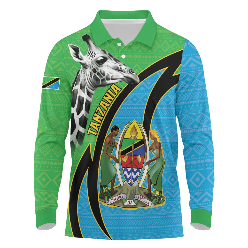 Tanzania Giraffe Long Sleeve Polo Shirt Coat Of Arms African Pattern