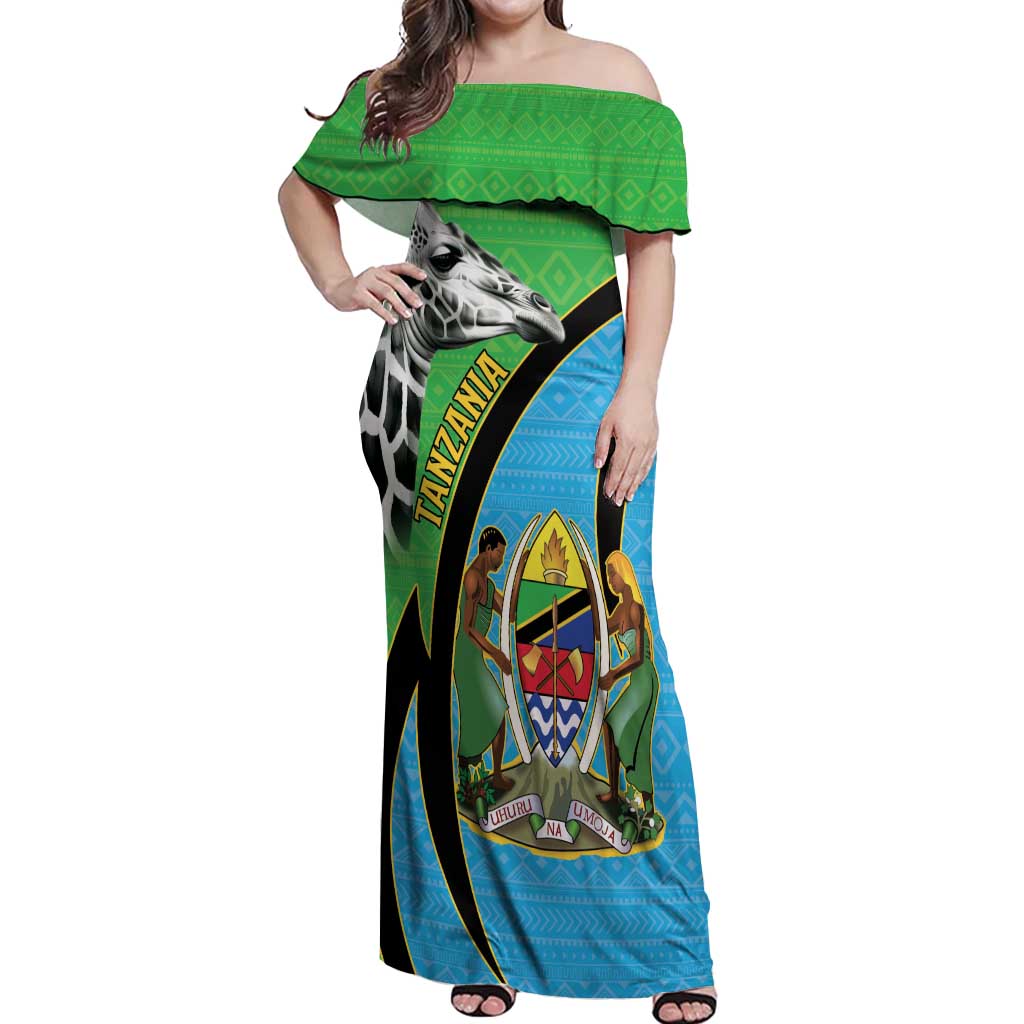 Tanzania Giraffe Off Shoulder Maxi Dress Coat Of Arms African Pattern