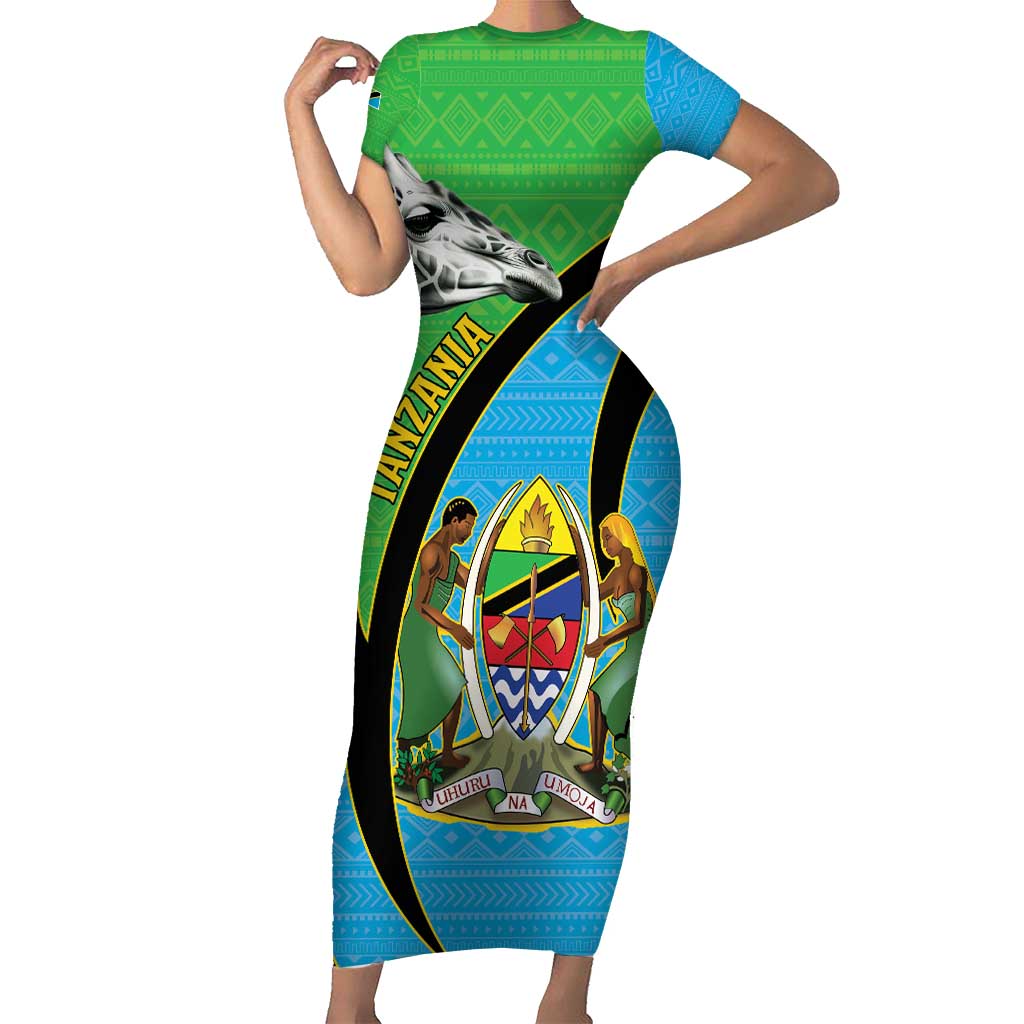 Tanzania Giraffe Short Sleeve Bodycon Dress Coat Of Arms African Pattern