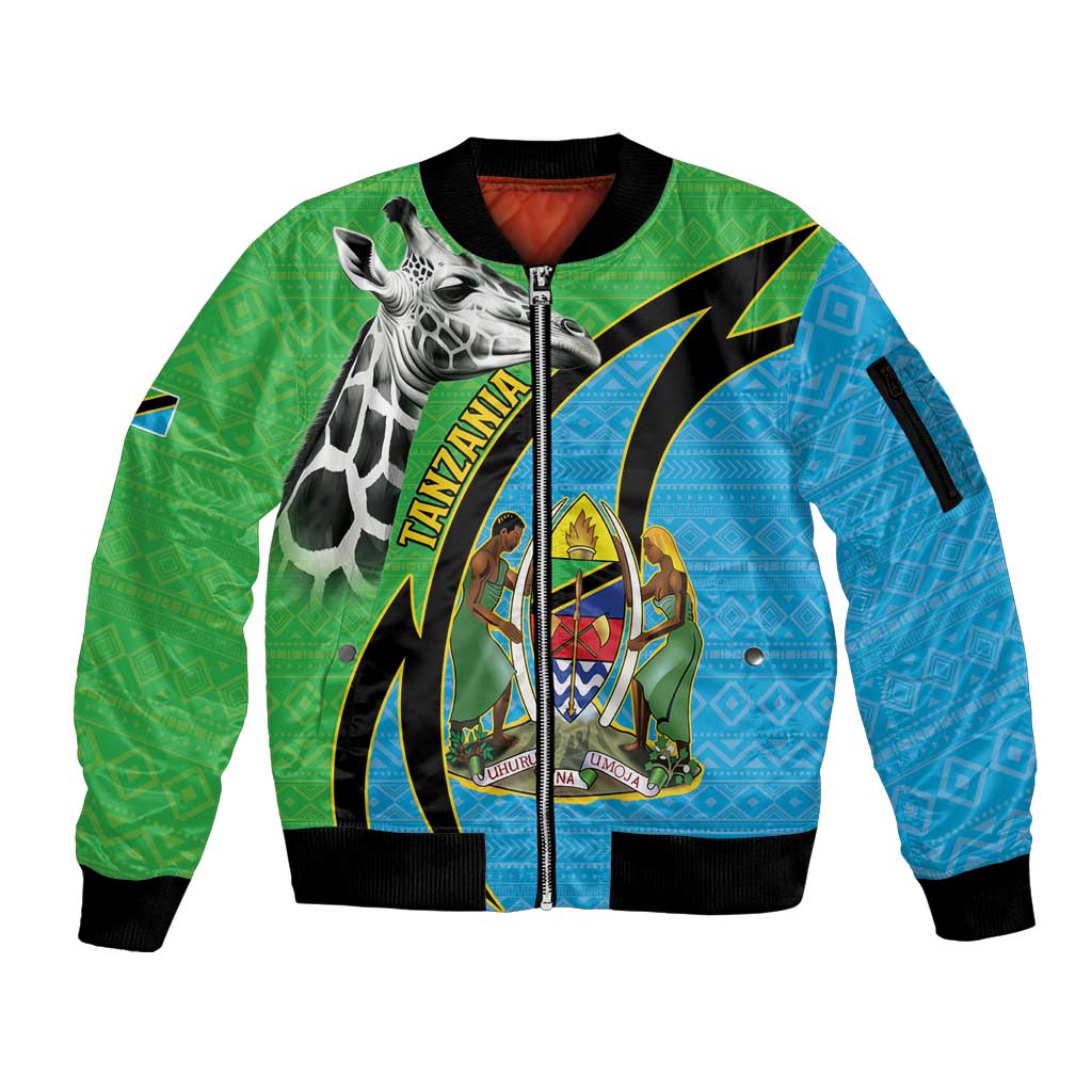 Tanzania Giraffe Sleeve Zip Bomber Jacket Coat Of Arms African Pattern