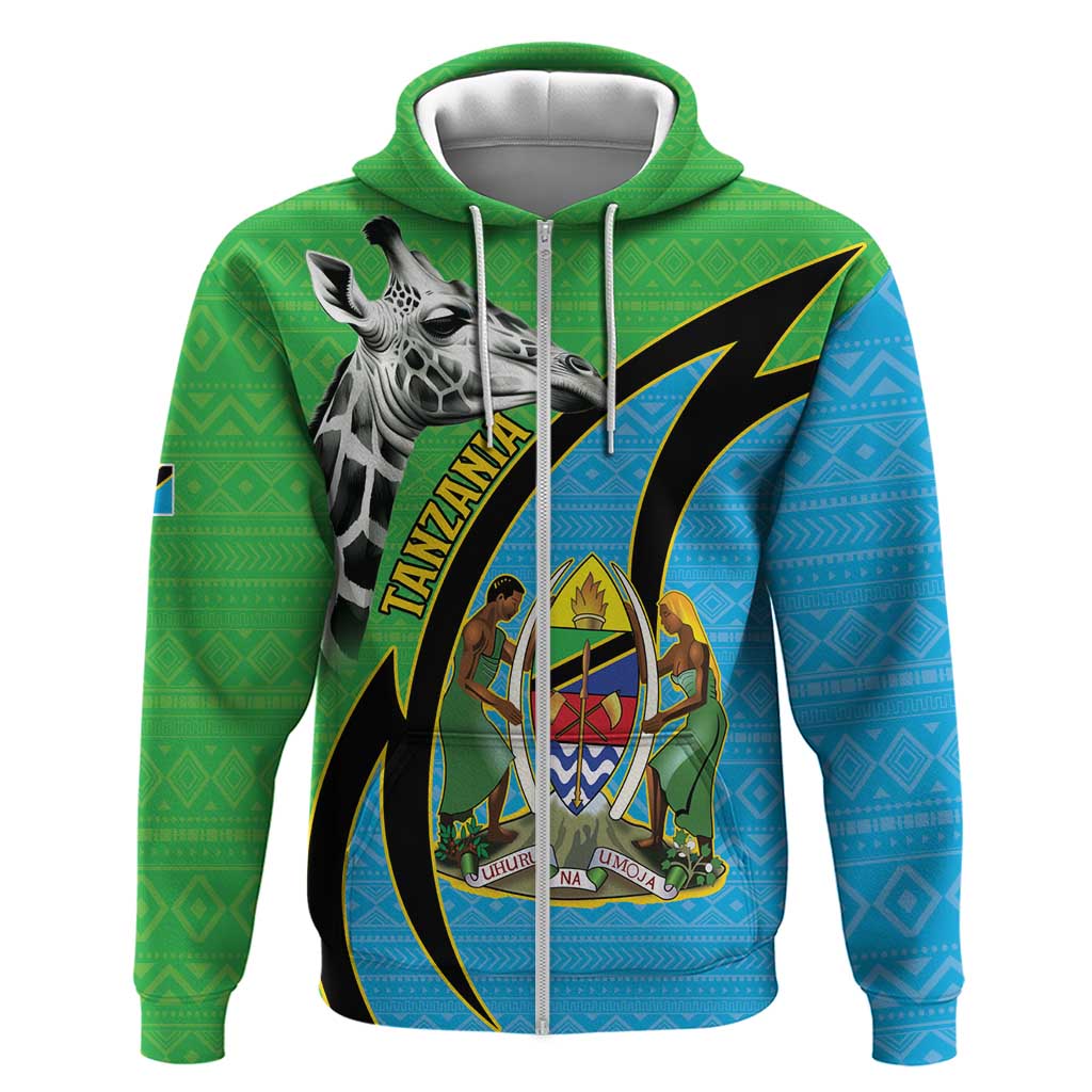 Tanzania Giraffe Zip Hoodie Coat Of Arms African Pattern