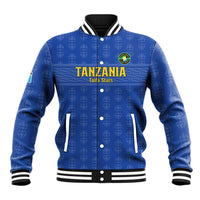 Blue varsity jacket with button front, ribbed collar/cuffs; 'TANZANIA Taifa Stars' logo
