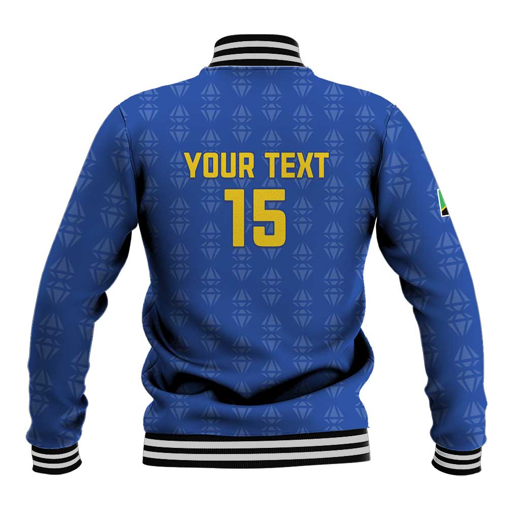 Blue varsity baseball jacket with ribbed collar/cuffs; back text 'YOUR TEXT 15'