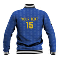 Blue varsity baseball jacket with ribbed collar/cuffs; back text 'YOUR TEXT 15'