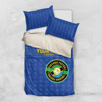 Blue football bedding set with circular Tanzania emblem, “YOUR TEXT” and matching pillows.