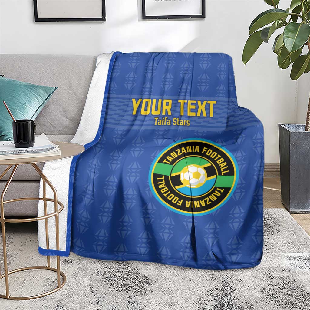 Blue football blanket with Tanzania logo and 'YOUR TEXT' text design