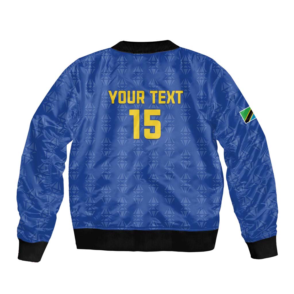 Blue bomber jacket with zip front, ribbed hem, and back print 'YOUR TEXT 15'