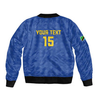 Blue bomber jacket with zip front, ribbed hem, and back print 'YOUR TEXT 15'