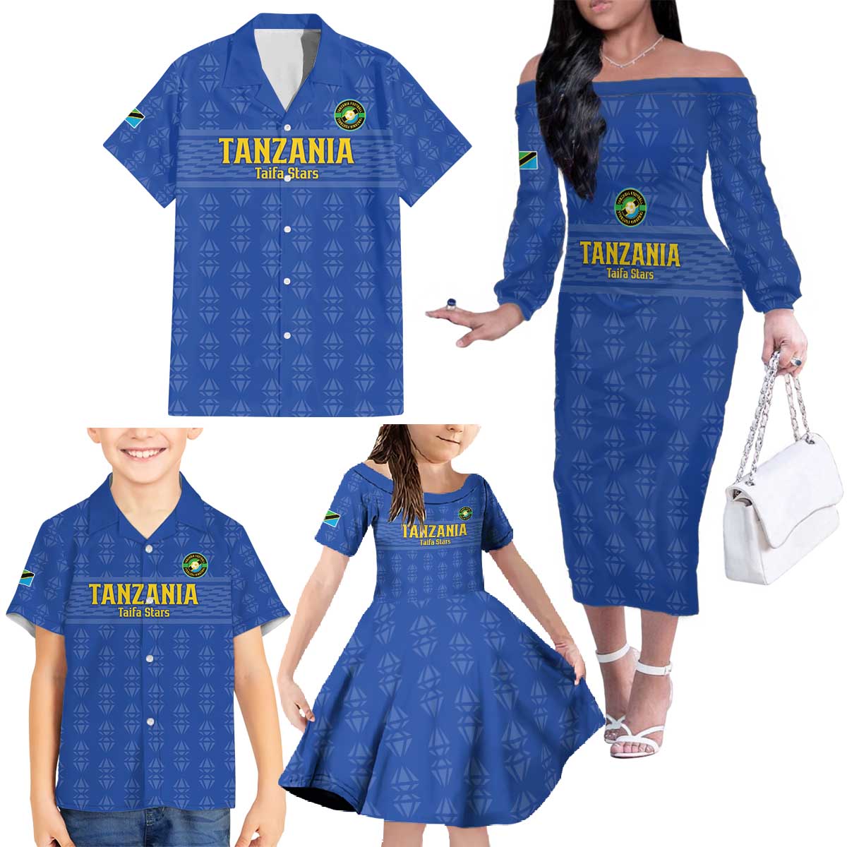 Custom Tanzania Football Family Matching Off The Shoulder Long Sleeve Dress and Hawaiian Shirt Go Taifa Stars