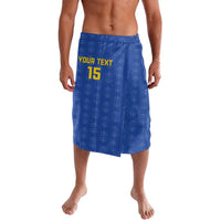 Blue football lavalava with 'YOUR TEXT' and '15' print, elastic waistband