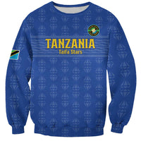 Blue crewneck football sweatshirt with Tanzania Taifa Stars graphic and crest on chest