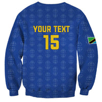 Blue crewneck football sweatshirt back with YOUR TEXT and large 15 number graphic