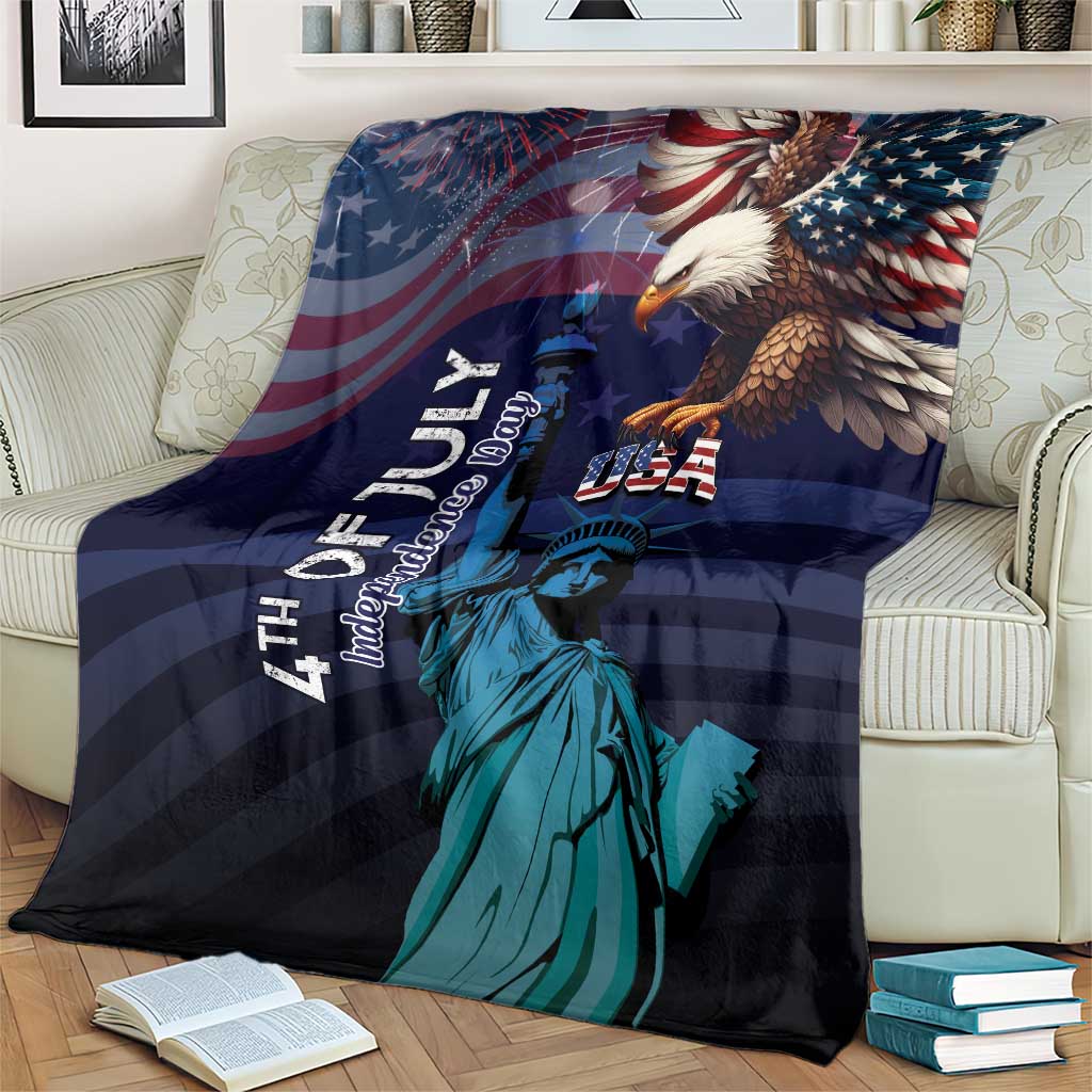 Eagle and Statue of Liberty themed USA blanket, dark blue with teal, stars and stripes