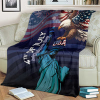 Eagle and Statue of Liberty themed USA blanket, dark blue with teal, stars and stripes