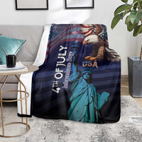 USA holiday blanket featuring eagle and Statue of Liberty, dark blue with teal highlights