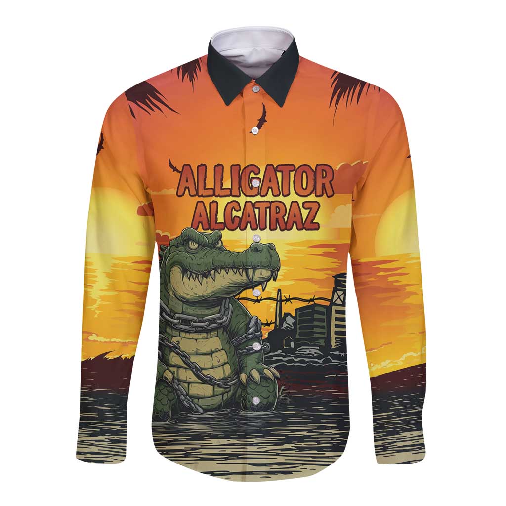 Orange long-sleeve button shirt with front alligator graphic and text print