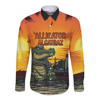 Orange long-sleeve button shirt with front alligator graphic and text print