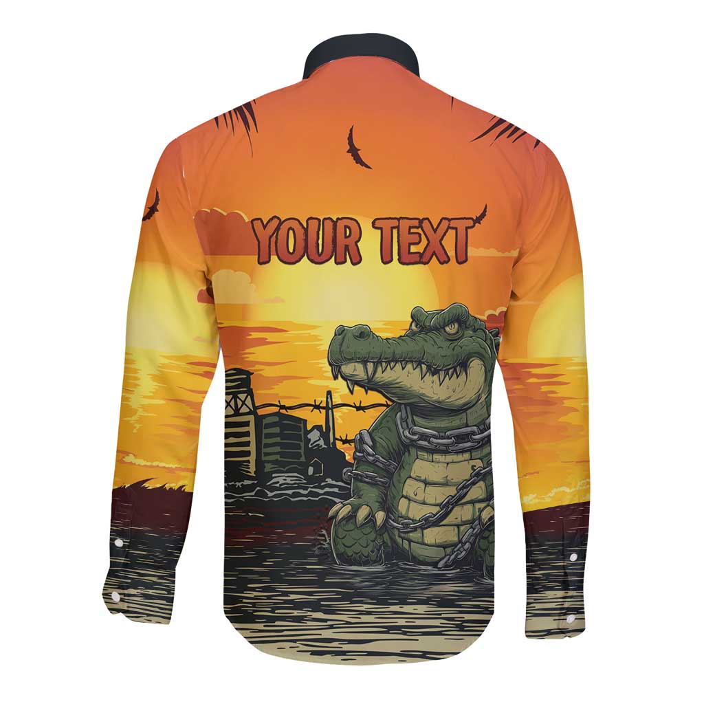 Orange long-sleeve button shirt with back YOUR TEXT and alligator illustration