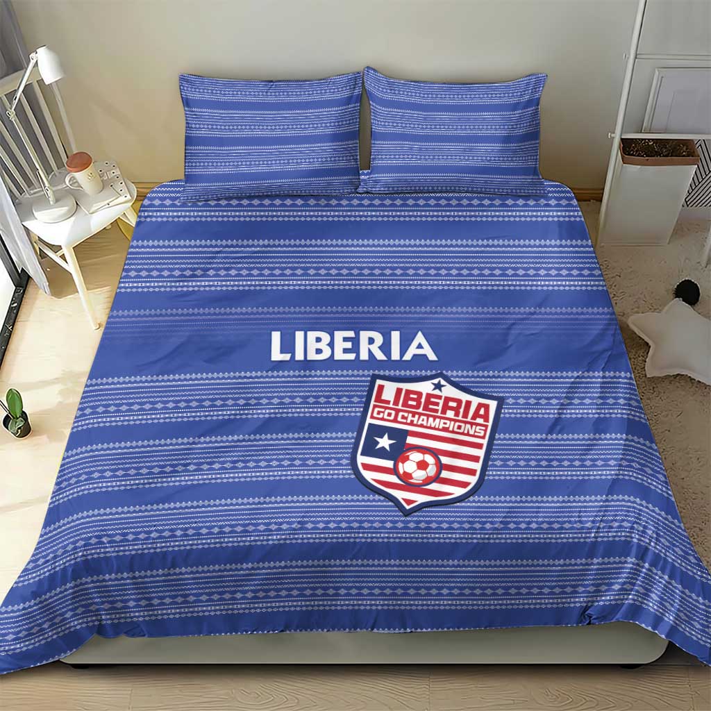 Blue striped bedding set with Liberia logo, duvet and two matching pillow shams