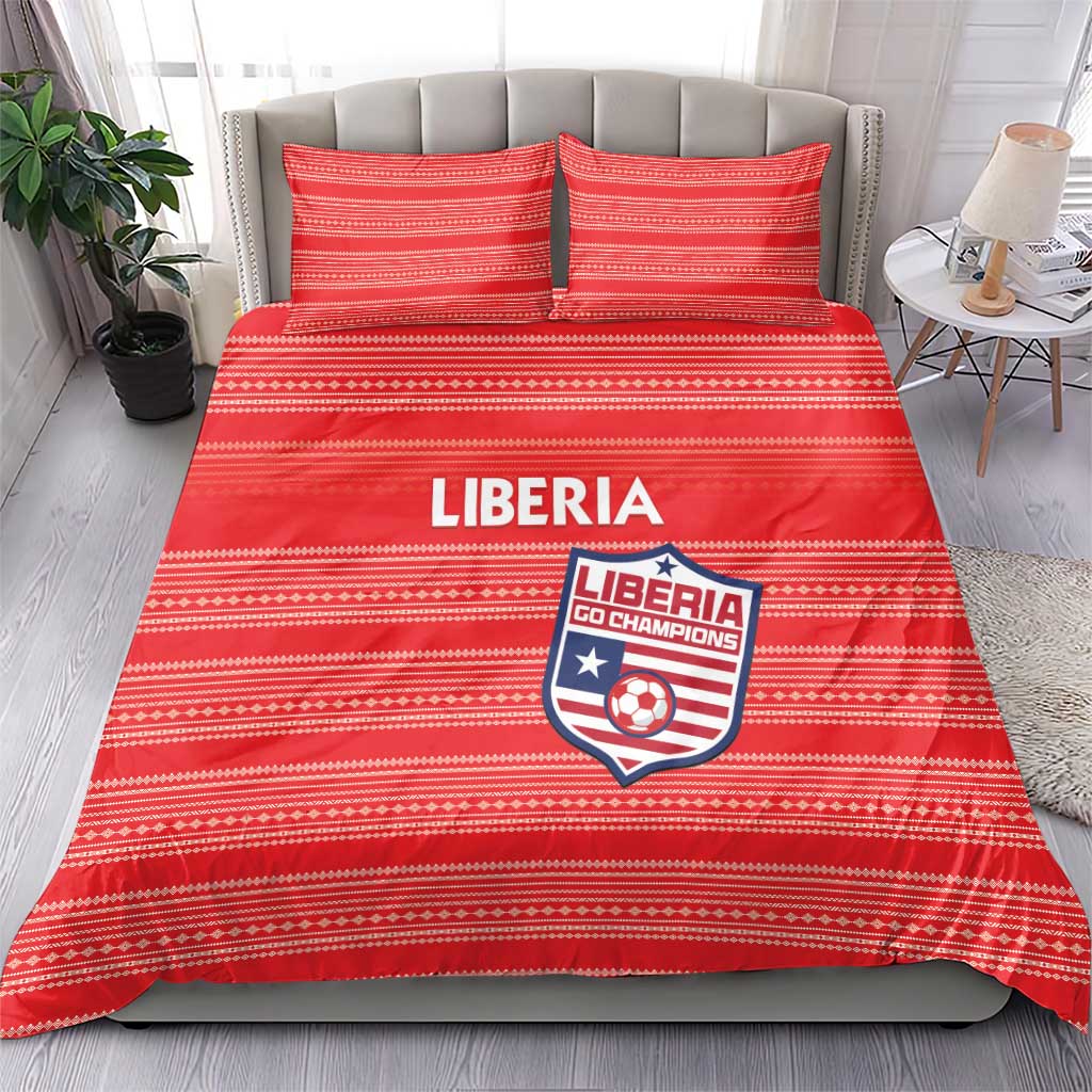 Red Liberia football bedding set with horizontal stripes; duvet with two matching pillows