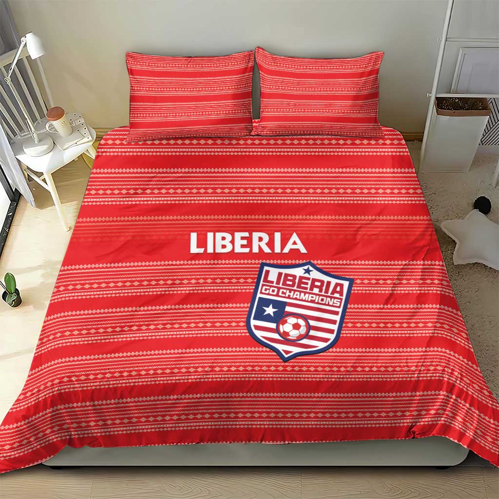 Red Liberia football bedding set featuring striped fabric; duvet with two logo pillowcases