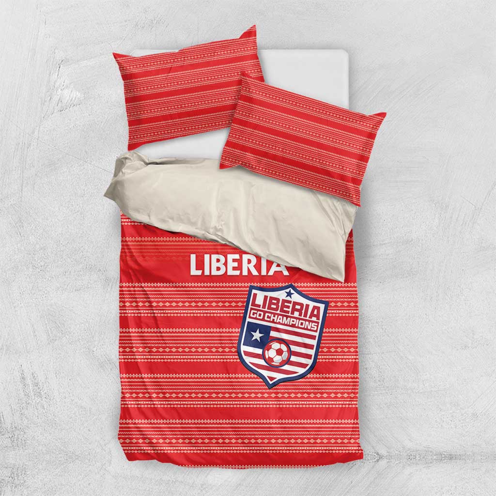 Red Liberia football bedding set top view: striped duvet with two matching pillowcases