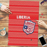 Red Liberia jigsaw puzzle with centered crest and lettering on a rectangular layout