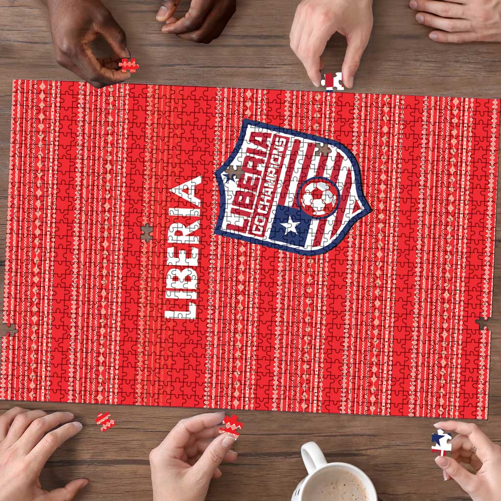Close-up of red Liberia jigsaw puzzle showing the crest and interlocking puzzle edges