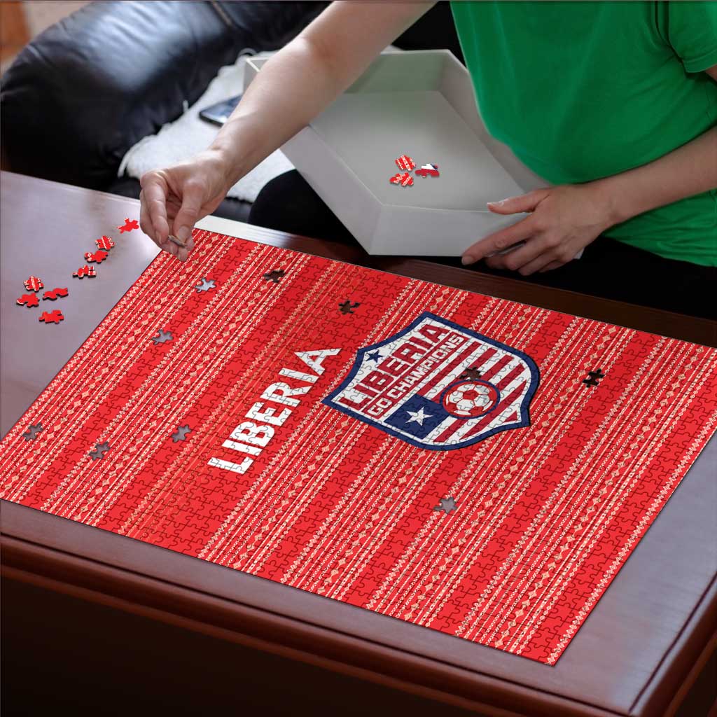 Red Liberia jigsaw puzzle with crest and 'LIBERIA' lettering on a flat surface