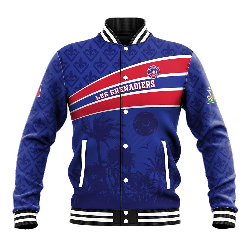 Blue baseball jacket with striped yoke, snap front, ribbed collar and cuffs, club crest