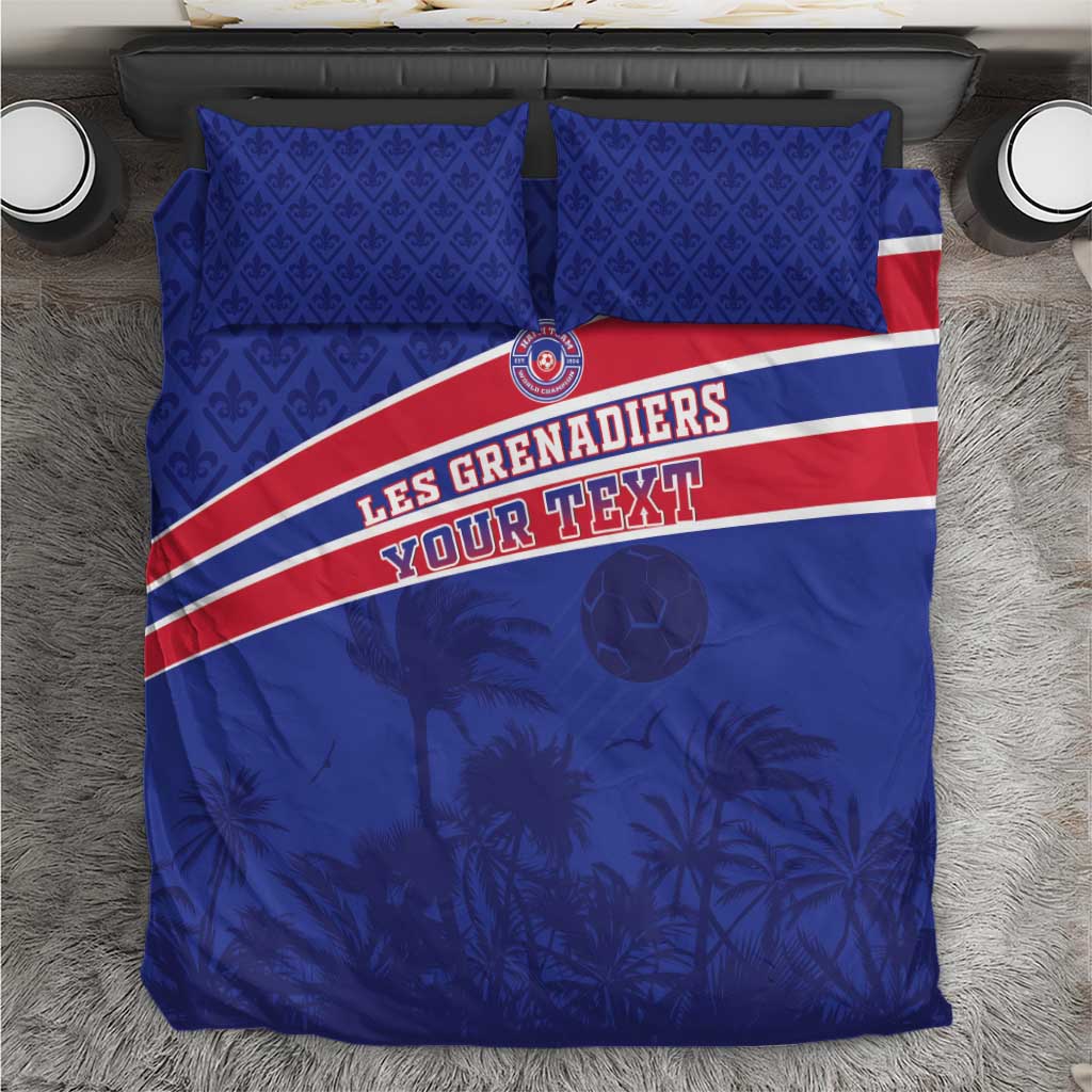 Royal blue football bedding set with red-and-white stripe band and “LES GRENADIERS” text