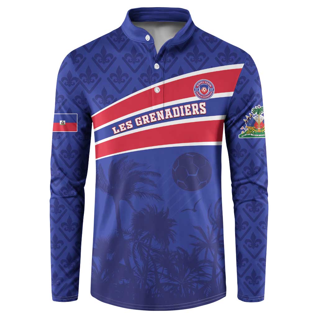 Royal blue long-sleeve button-up football sweatshirt with Les Grenadiers badge and stripes