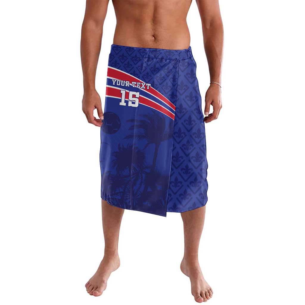 Custom Haiti football lavalava skirt in royal blue, front graphic #15 and team badge