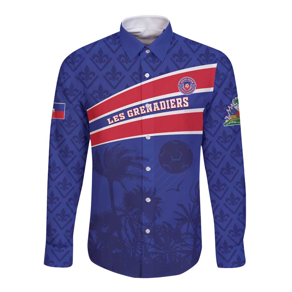 Unisex blue long-sleeve button football shirt, red stripe with LES GRENADIERS crest
