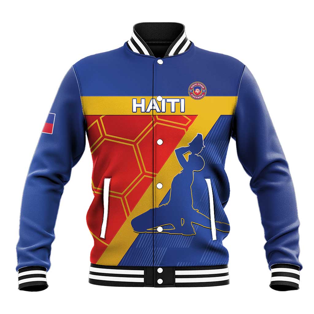 Unisex blue varsity baseball jacket with Haiti front graphic, striped ribbed collar and cuffs