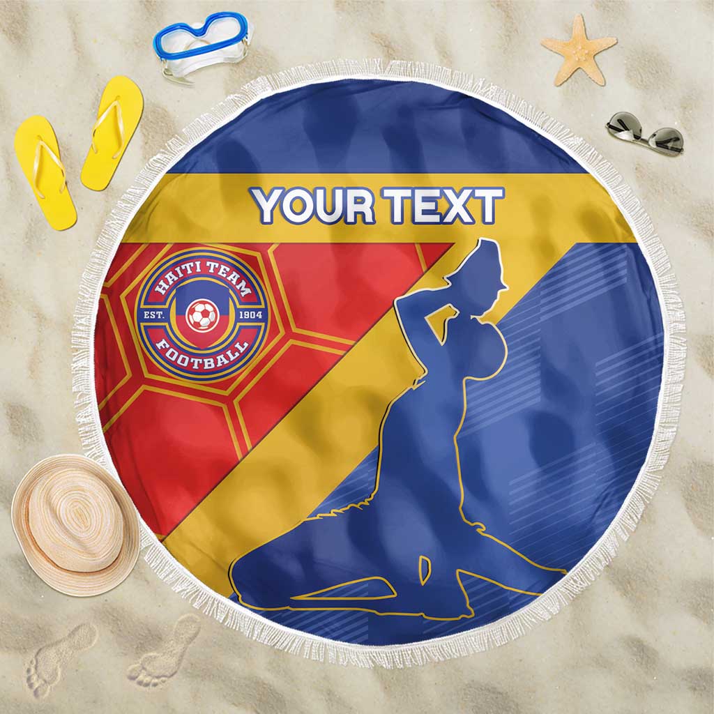 Round beach blanket with fringe, blue and gold Haiti flag soccer graphic, custom text