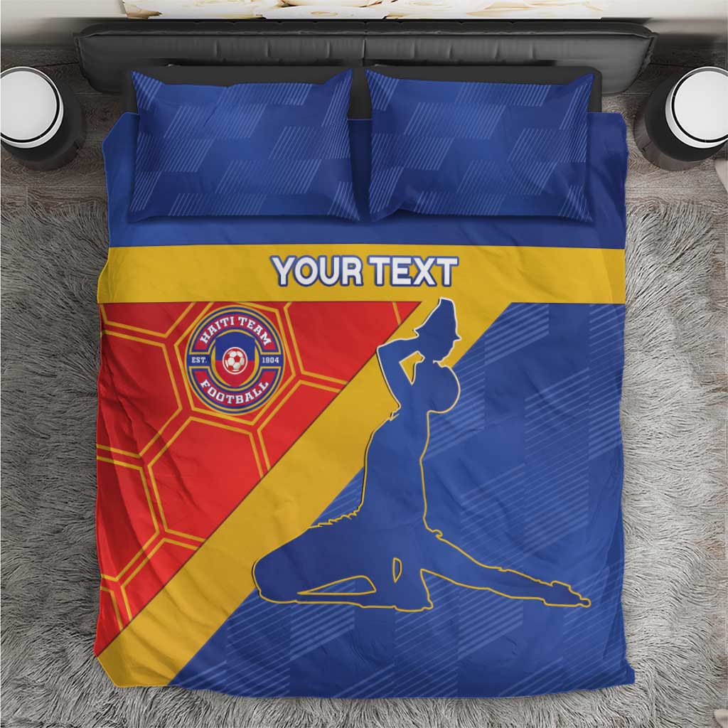 Blue Haiti football bedding set with logo, soccer player silhouette, and 'YOUR TEXT' print