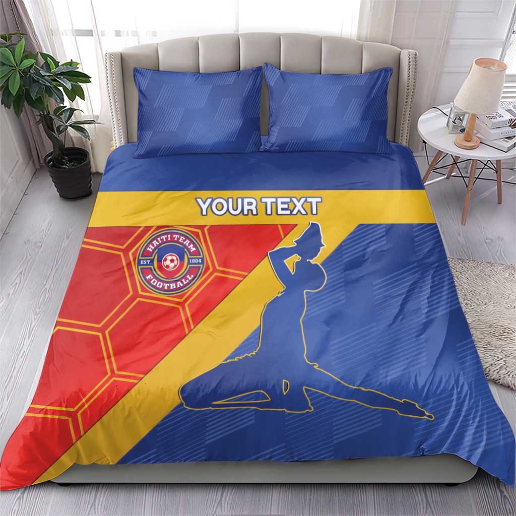 Blue football bedding set with Haiti logo, soccer silhouette, and two matching pillowcases