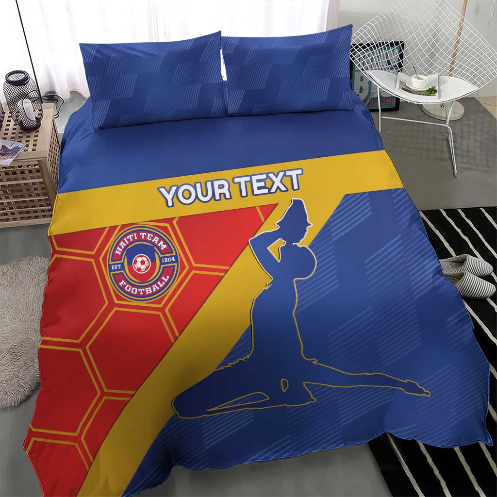 Blue football bedding set with Haiti logo and soccer player silhouette; 'YOUR TEXT' center