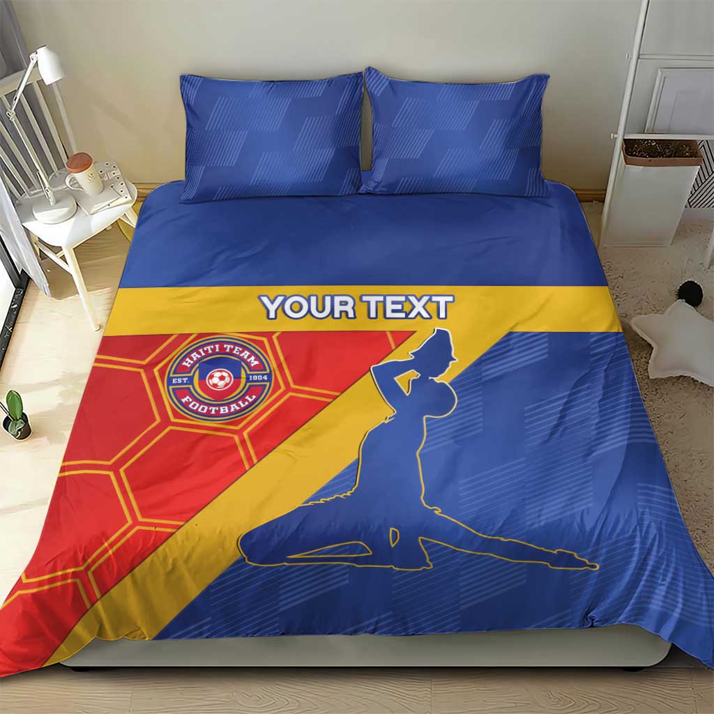 Blue football bedding set with Haiti emblem, soccer silhouette, and 'YOUR TEXT' text band