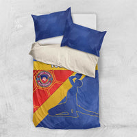 Blue football bedding set with Haiti logo, soccer silhouette, and yellow-red diagonal panel
